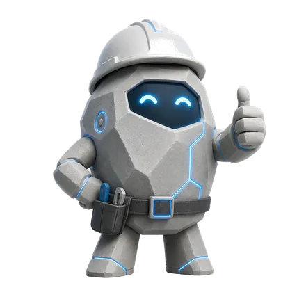 Mascotte Silex : robot en pierre avec casque de chantier, pouce levé